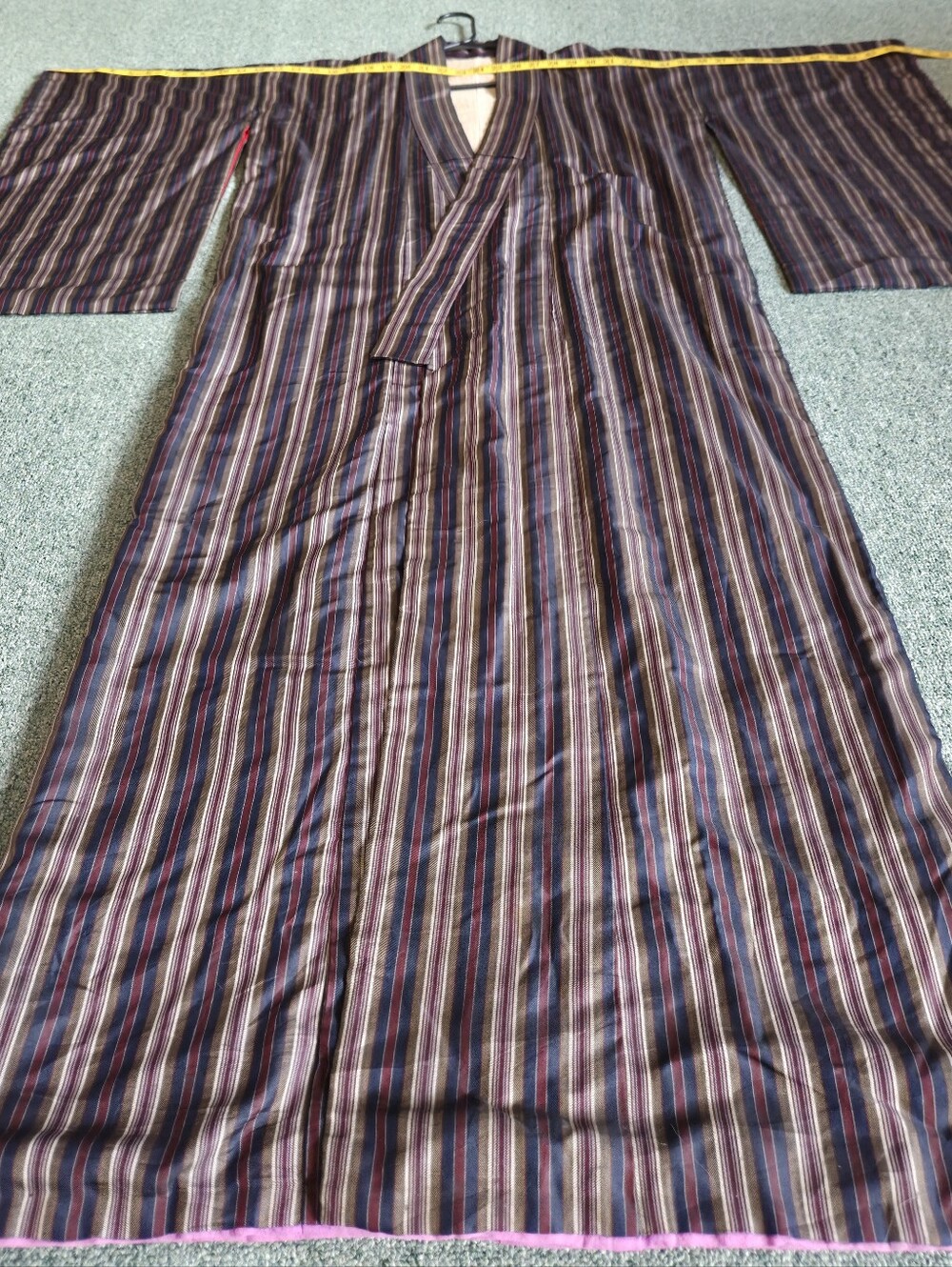 Vintage Japanese Kimono Kasuri Ikat Silk Lined Striped Purple With Info Paper
